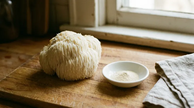 A whole lion's mane mushroom on a wooden board beside a small dish of pale powder