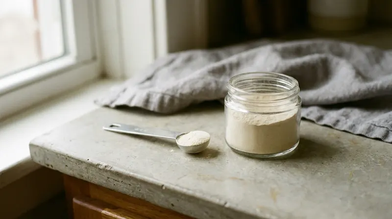 A small glass jar of pale mushroom extract powder with a measuring spoon beside it on a stone counter