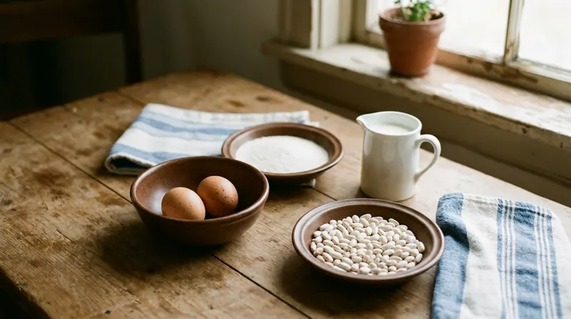 Two brown eggs, a jug of milk and a bowl of dried beans on a wooden kitchen table