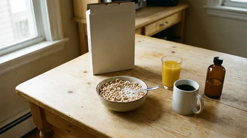 A bowl of frosted cereal beside its box, a glass of juice, a mug of coffee and an amber bottle on a kitchen table