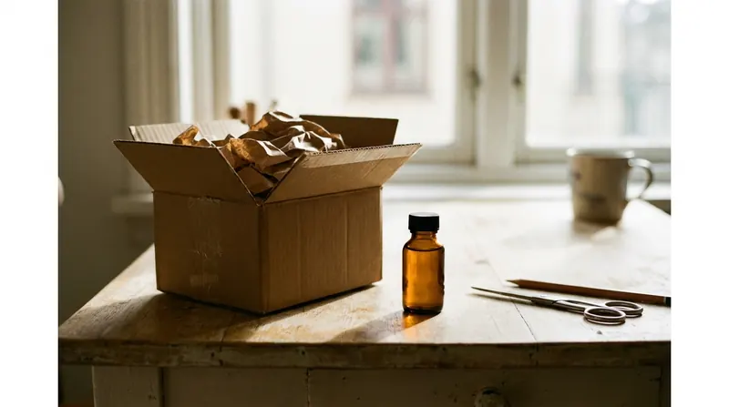 An opened cardboard parcel on a kitchen table with brown paper packing and an amber bottle standing beside it