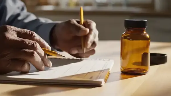 A man's hands circling one square on a paper calendar with a pencil beside an amber bottle