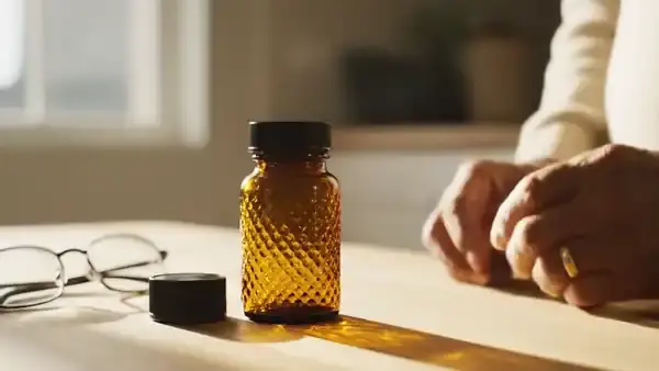 A man's hands turning an amber bottle toward the window light and setting it down beside reading glasses