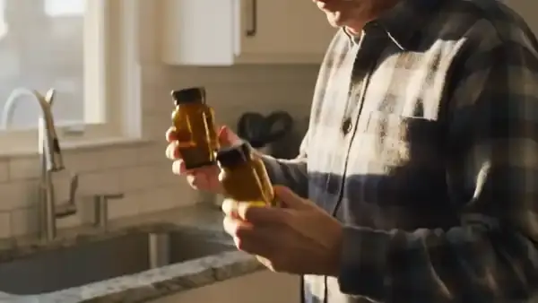 A man in his sixties holding two amber bottles side by side to the window light and comparing their backs
