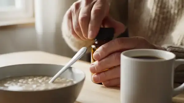 A man's hands tipping two capsules from an amber bottle into his palm beside a bowl of oatmeal and a mug