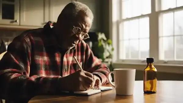A man in his sixties writing one line in a pocket notebook at a kitchen table beside a mug and an amber bottle