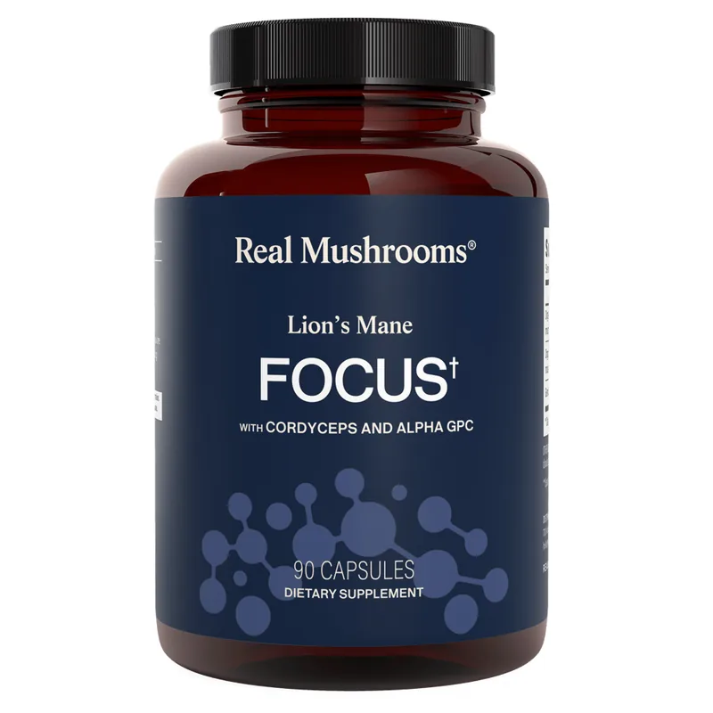 The amber bottle of Real Mushrooms Lion's Mane FOCUS with a black cap, from the seller's photograph